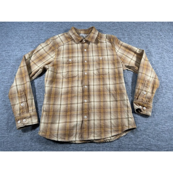 Flint and Tinder Flannel Shirt Mens Large Brown Beige Plaid Chest Pockets - Picture 1 of 11